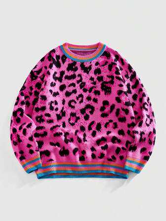 كنزة صوفية كاجوال فضفاضة بطبعة نمر، رقبة طاقم، أكمام طويلة، خريف/شتاء للرجال