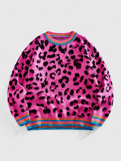 Maglione casual con scollo a giro, maniche lunghe, con stampa leopardata, vestibilità morbida, adatto per uomo, autunno/inverno
