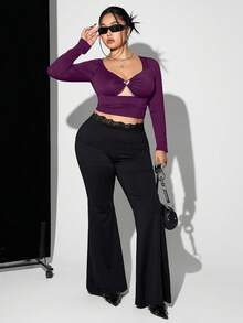 SHEIN ICON 加大码心形钻石装饰透视网纱拼接修身镂空长袖黑色T恤 - 中紫紅色 - 查看 2
