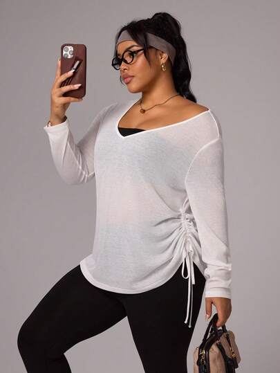 Rhythm Era Women's V-Neck Plus Size Shoulder Drawstring Hem Adjustable Loose Long Sleeve Sports Casual Yoga Running T-Shirt, Textured Snowflake Fabric, Suitable For All Seasons, Plus Size Curve Activewear Tops Blouse Gym Gym Shirt Women's Long Sleeve Workout Tops Women Loose Long Sleeve Work Out Top Gym Shirt Women Long Sleeve