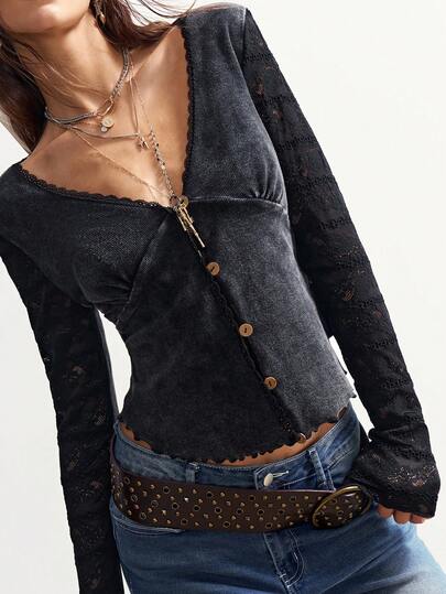 Bohemela 女士休闲针织拼接蕾丝V领长袖黑色上衣