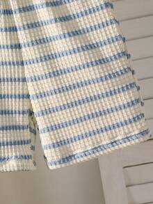 SHEIN Streecool Kids 2pcs Young BoyTextured Stripe Knit Shirt And Shorts Set - Blue - View 8