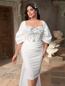 Aureia Plus Size Elegant Romantic White Sweetheart Neck Bow Decor Luxury Beaded Patchwork Knit Fabric Bodycon Cocktail Dress (Detachable Bow) - White - View 5