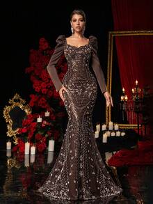 Glamrae 优雅奢华蕾丝拼接仿珍珠花卉美人鱼连衣裙，针织缎面面料，适合婚礼、派对、度假、舞会礼服（重工装饰）、情人节 - 棕色 - 查看 6