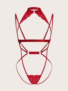 SHEIN Women's Sexy Hollow Out Halter Neck Lingerie Set In Red - Red - View 3
