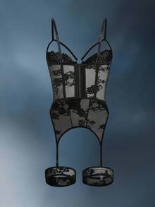 Bowknot Strap Sexy Alluring Hollow-Out Floral Lace Sheer Lingerie For Women - Black - View 2
