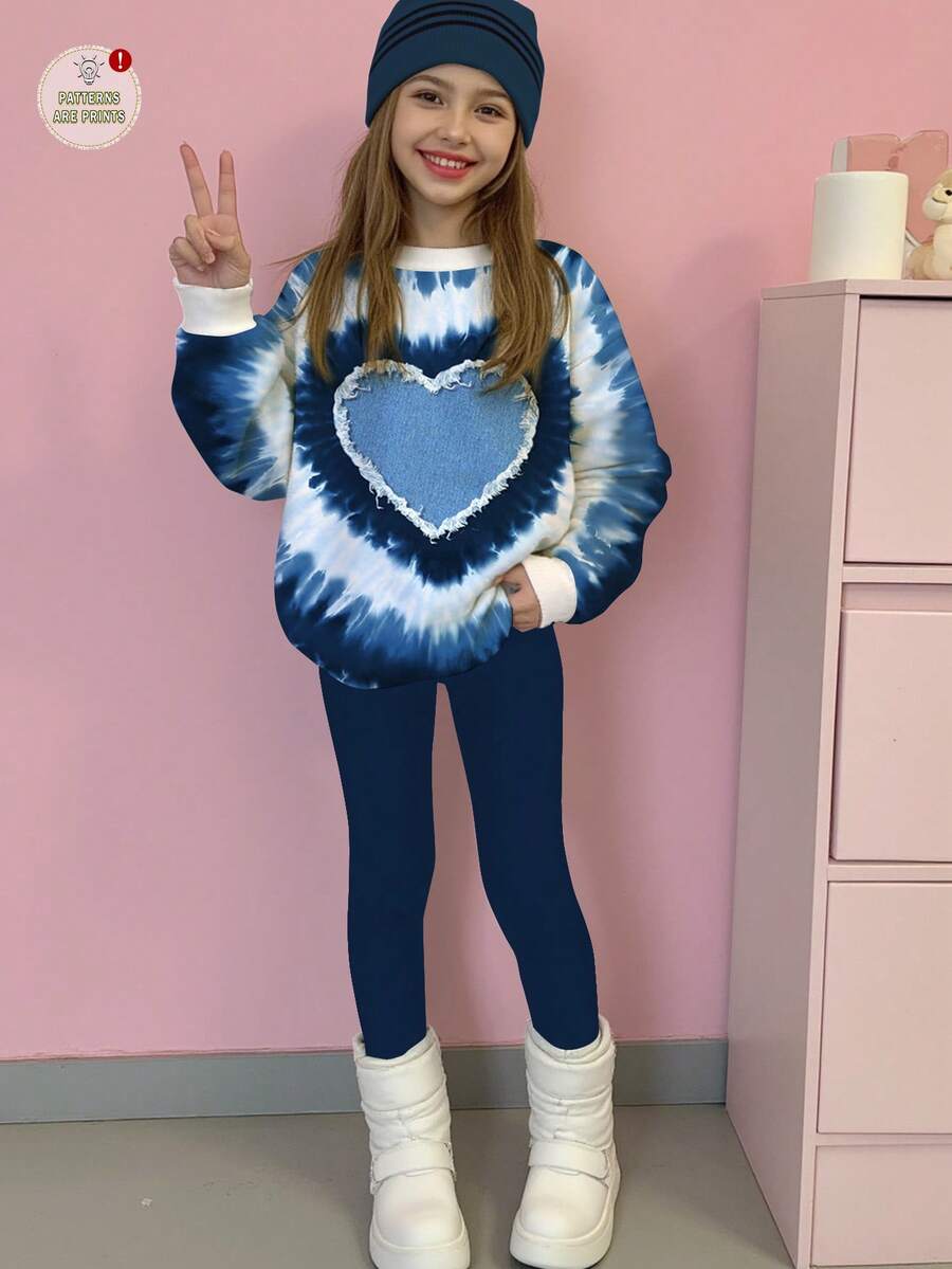 2pcs Tween Girls Casual Fashionable Tie Dye Blue Heart Print Sweatshirt And Leggings Set, Comfortable Fit, Suitable For Autumn/Winter Sweat Sets Tweens Comfy Girls Blue Sets Sumwon