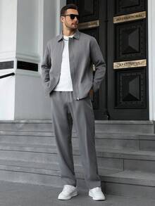 Manfinity CasualCool Plus Size Men's Casual Everyday Commute Simple Solid Color Zip-Up Jacket And Pants Set Mens Two Piece Set Mens 2 Piece Leisure Suits Mens Co-Ord Set Men 2 Piece Set Grey Outfit Men