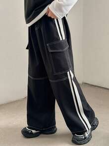 男童直筒侧边饰带工装口袋宽松运动裤，适合秋冬季休闲、户外、上学穿着。 - 黑色 - 查看 4