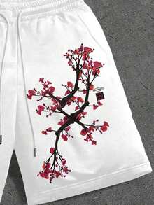 Manfinity Herrshorts med bokstavs- och grentryck och dragsko i midjan och fickor - Vitt - Visa 5