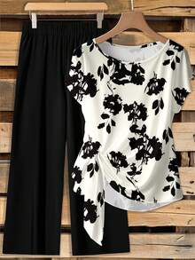 EMERY ROSE Conjunto de 2 piezas de blusa con lazo y pantalón de pierna recta para mujer, conjunto de blusa y pantalón con estampado floral, conjunto modesto de dos piezas, conjunto casual de dos piezas - Multicolor - Ver 5