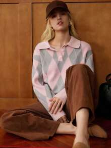 Écloséra 法式复古宽松 Polo 领长袖针织撞色菱形图案半扣设计卡其色女式套头毛衣，秋冬款 - 彩色 - 查看 5