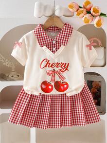 Elladie kids 2pcs/Set Toddler Girls' Short Sleeve Blouse & Plaid Skirt Set, Apricot Shirt With Cherry & Letter Print, Paired With Plaid Mini Skirt, Sweet & Fashionable Casual Summer Outfit