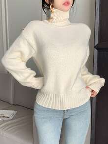 DAZY Suéter elegante de mujer de unicolor con cuello asimétrico, otoño/invierno - Beis - Ver 5