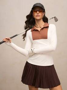 Activina 女士撞色长袖休闲运动Polo衫 - 白色 - 查看 1