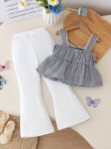 SHEIN Genkimix Kids Young Girl' Fashion Stylish Set, Big Bow Strap Dress Vest + Slim Flared Pants, Sweet & Cute 2 Pieces Outfit, Summer Teenage Girl Clothes Sets Pants Shirt Kpopp Low Waisted Flare Kids Young Girls Cami And Wide Leg Pants Set Sumwon Flare Pants Set Kids Girls Pants And Top Birthday Girl
