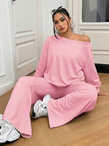 Solflare Bộ 2 món/Bộ áo hở vai và quần dài thường ngày cỡ lớn cho nữ, màu hồng - Hồng - Xem 7