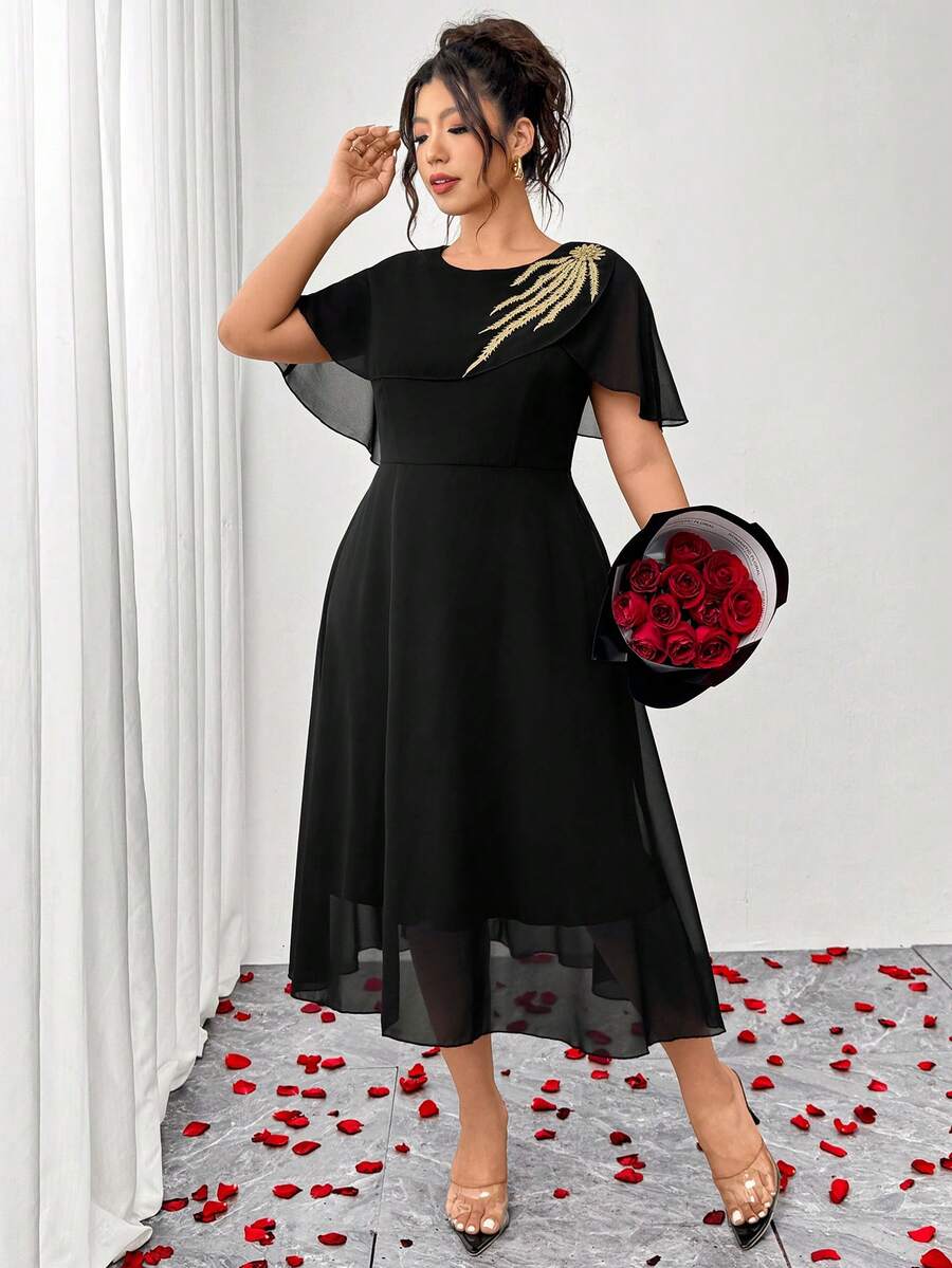 Elenzga Plus-Size Women's Spring/Summer Solid Color Chiffon Cape/Shawl With Gold Lace Collar, Elegant A-Line Loose Dress, Perfect For Weddings, Romantic Dresses, And Formal Women's Dresses.Valentine's Day  Valentine Outfits For Women    Valentine Clothes   Plus Size Valentines  Valentines Day Dress Valentine Day Dress Black Wedding Guest Dress Black Elegant Dress Plus Size Black Elegant Dress Elegant Midi Dress