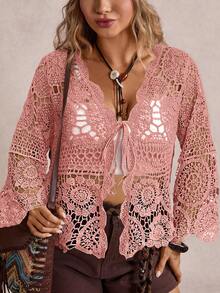 Freevana 大码女式长袖系带镂空针织开衫 - 粉色 - 查看 1