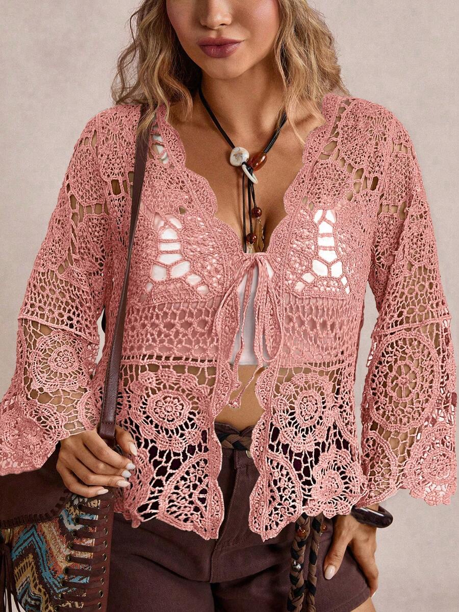 Freevana 大码女式长袖系带镂空针织开衫 - 粉色 - 查看 1