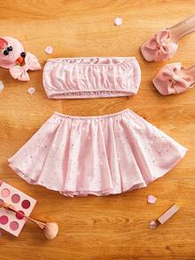 FairyFlirt 2pcs Satin Shiny Sequin Bandeau Top + Mini Skirt Set, Cute & Sexy Women's Lingerie, Suitable For Music Festivals And Parties - Pink - View 2