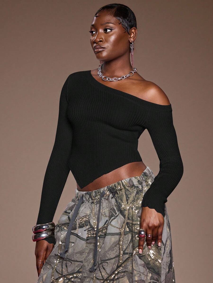 Normani 女士不对称领长袖修身性感紧身毛衣,长袖针织套头衫秋冬装 - 黑色 - 查看 1