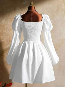 Franclia Women's Western Style Puff Sleeve Waist Tie Back Cutout Mini Dress, Vacation & Travel - White - View 3