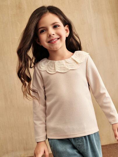 SHEIN 杏色蕾丝领长袖针织T恤，优雅户外休闲装，适合秋冬