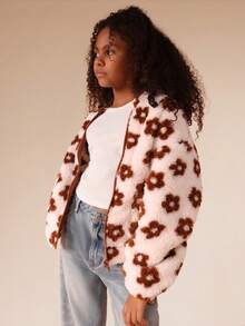 SUMWON Fuzzy Leopard Print Hooded Zip Up Jacket For Fall Winter Cozy Outerwear With Full Front Closure Vacation - Coffee Brown - View 4