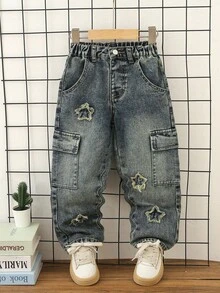 男童休闲宽松直筒撞色缝线工装牛仔裤 - 深色水洗藍 - 查看 2