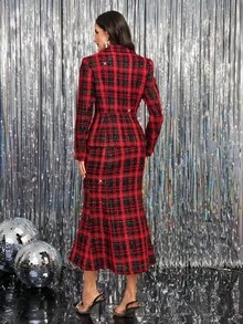 Amorya Women's Elegant Red And Black Plaid Blazer Top & Fish Tail Skirt 2 Pieces Set,Autumn Office Tweed Suit For Christmas,New Year & Valentine's Day Outfit - Multicolor - View 11