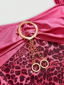 ROMWE Y2K Camiseta de tirantes ajustada con estampado de leopardo, cadena metálica y strass para mujer de talla grande - Rosa Fucsia - Ver 3