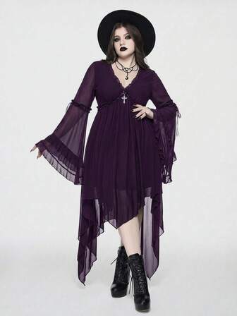 Goth فستان حفلة مقاس كبير أنيق من الجاكار والشبك ذو تنورة غير منتظمة متدفقة مزدوجة الكشكشة وأكمام واسعة، فستان شتوي/خريفي مقاس كبير بأكمام طويلة متدفقة للاستخدام اليومي، فستان نسائي مقاس كبير للاستخدام اليومي في الخريف/الشتاء، فستان نسائي مقاس كبير بلون بنفسجي داكن للخريف/الشتاء، فستان نسائي طويل للكريسماس