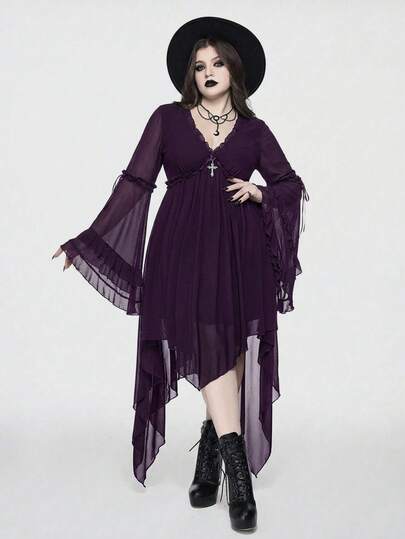 Goth فستان حفلة مقاس كبير أنيق من الجاكار والشبك ذو تنورة غير منتظمة متدفقة مزدوجة الكشكشة وأكمام واسعة، فستان شتوي/خريفي مقاس كبير بأكمام طويلة متدفقة للاستخدام اليومي، فستان نسائي مقاس كبير للاستخدام اليومي في الخريف/الشتاء، فستان نسائي مقاس كبير بلون بنفسجي داكن للخريف/الشتاء، فستان نسائي طويل للكريسماس