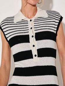 COSMINA Women's Black And White Striped Sleeveless Knit Dress,Summer Effortless Chic Collared Shirt Design,Brunch Back-To-School Elegant Casual Daily Wear - Multicolor - View 2