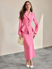 CLARA VERO Women's Pink Blazer And Long Skirt Suit Set Fitted Waist - Pink - View 5