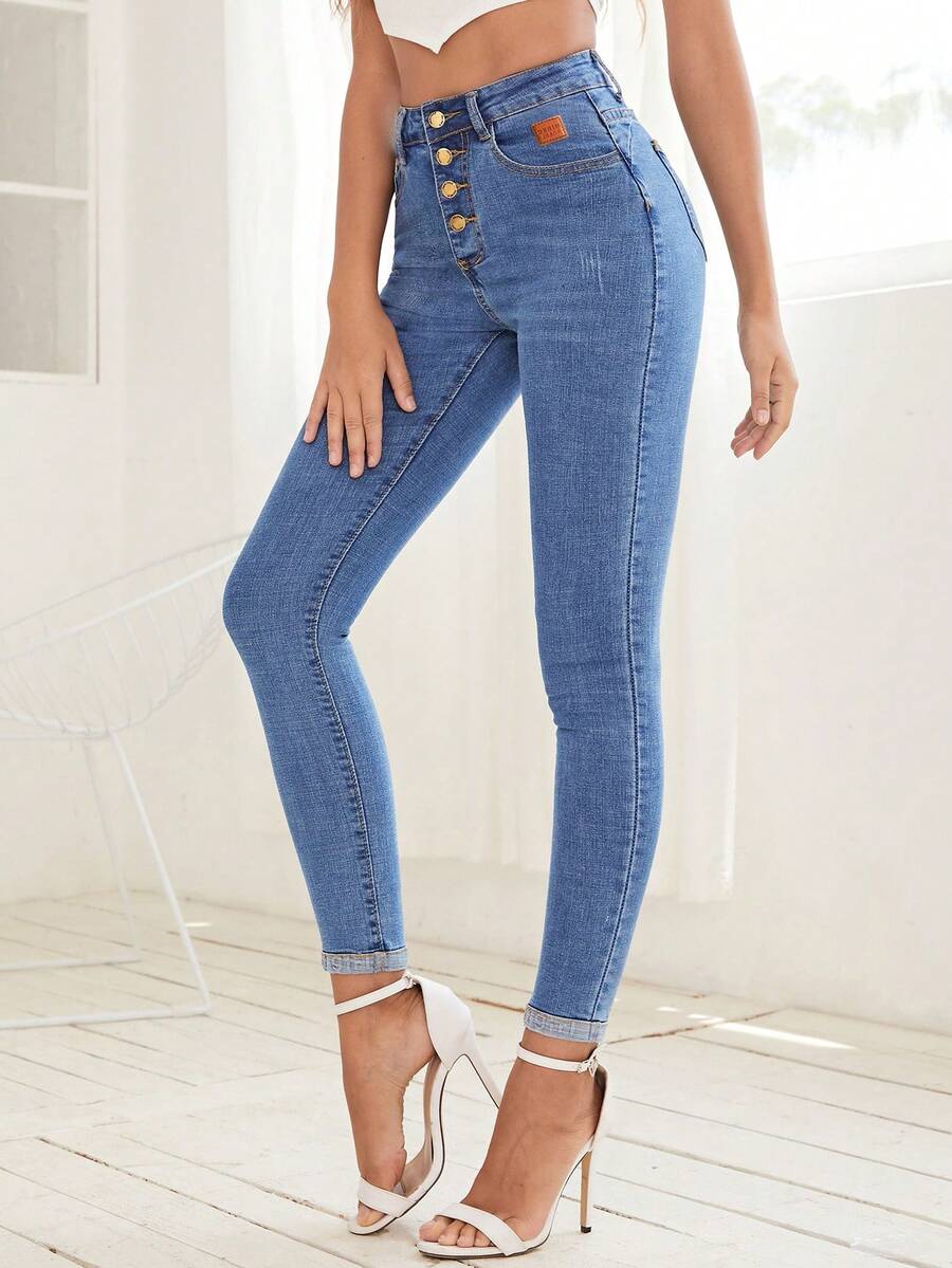 EMERY ROSE 紐扣門襟緊身牛仔褲 - 中等水洗藍 - 查看 1