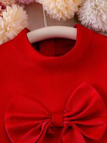 Elladie kids 少女红色婚纱，提花面料，无袖，大蝴蝶结，网纱荷叶边下摆，优雅柔美的红色情人节服装，少女夏季连衣裙