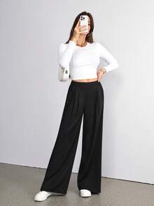 SHEIN Tall Pantalones formales, elegantes y casuales de cintura alta y pierna ancha, para primavera/verano y otoño/invierno - Negro - Ver 9