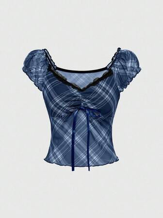 J-Fashion Damen Karomuster Spitzenbesatz Rüschen Schleife Dekor vielseitig tragbares Kurzarm T-Shirt für Urlaub & Büro