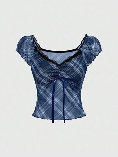 J-Fashion Damen Karomuster Spitzenbesatz Rüschen Schleife Dekor vielseitig tragbares Kurzarm T-Shirt für Urlaub & Büro