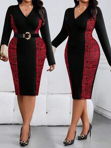 SHEIN Lady Đầm ôm dáng thanh lịch cổ chữ V họa tiết hình học cỡ lớn cho nữ - Nhiều màu - Xem 1