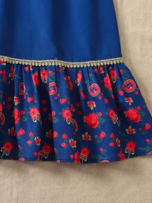 Tween Girls Elegant Blue Floral Summer Dress,Comfortable Patchwork Color Block Party Wear,Casual Vacation Festivals Spring Style For Kids - Multicolor - View 4