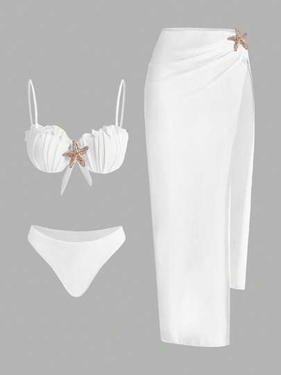 Swim Oasis Women's Bohemian Style Sexy Elegant Romantic Sun Pattern Acrylic Beaded Tie-Up Bikini Set Set & Beach Maxi Dress 3-Piece Beach Outfit