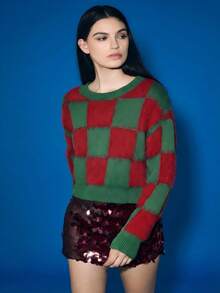 Lumivelle Suéter de malha feminino com estampa, estilo natalino, solto, contraste de cores, moda outono/inverno 2025 - Verde - Ver 8