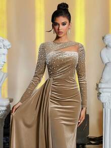 Glamrae Elegant Navy Blue Velvet Mesh Hollow Handmade Gradient Beaded Draped Fishtail Trailing Evening Gown - Camel - View 3
