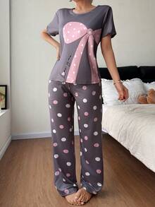SHEIN Oversized Bow, Polka Dot Print Short Sleeve Pants Women PJS PJSs For Women Round Neck Polka Dot PJS Curve PJS PJS For Woman Women Sleep Wear Set - Multicolor - View 4