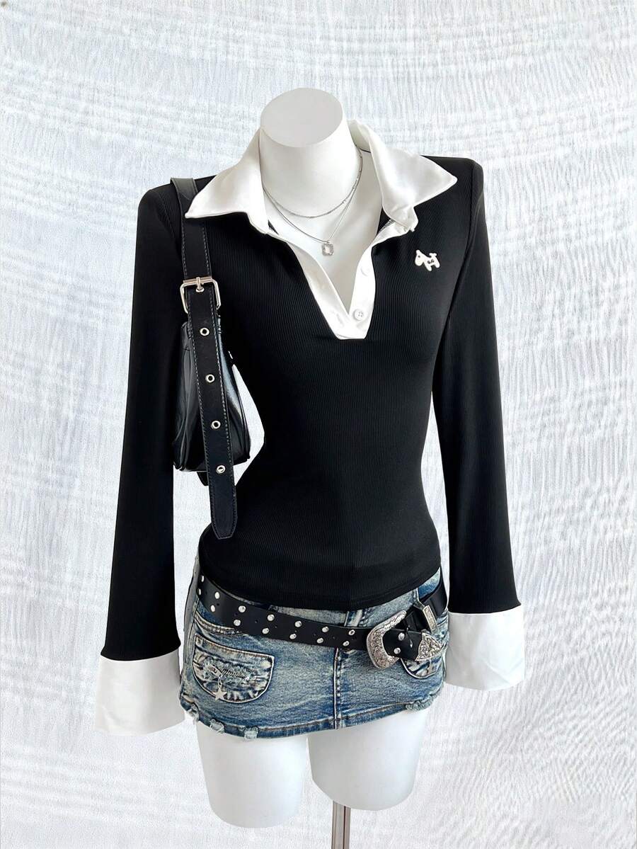 Noixe Women's Fashionable Color Block Patchwork Top, Autumn - Black - View 1