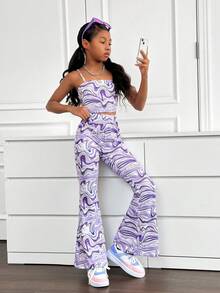 SHEIN Tween Girls' Full Printed Crop Top & Flared Pants Set For Fashionable Sporty Look - Purple - View 3