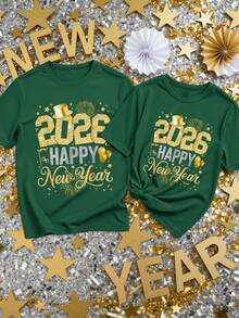 Manfinity Homme 1件男士休闲、日常、通勤、聚会、节日2026新年图案短袖T恤，男女通用 - 墨綠色 - 查看 6